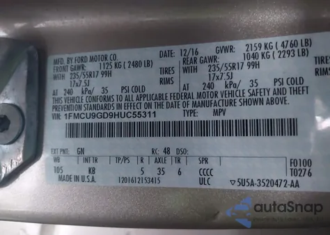 2017 Ford Escape Se из США, поврежденный, VIN 1FMCU9GD9HUC55311